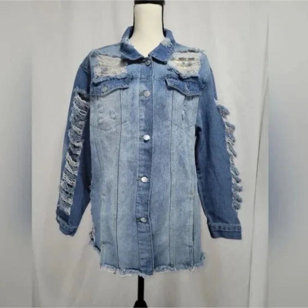 Thrill Ripped Denim Button Front Jacket, Size 1x - image 1